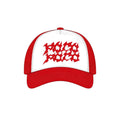 Poco a Poco red and white trucker hat with a flame-inspired graphic print on the front foam panel and mesh back.